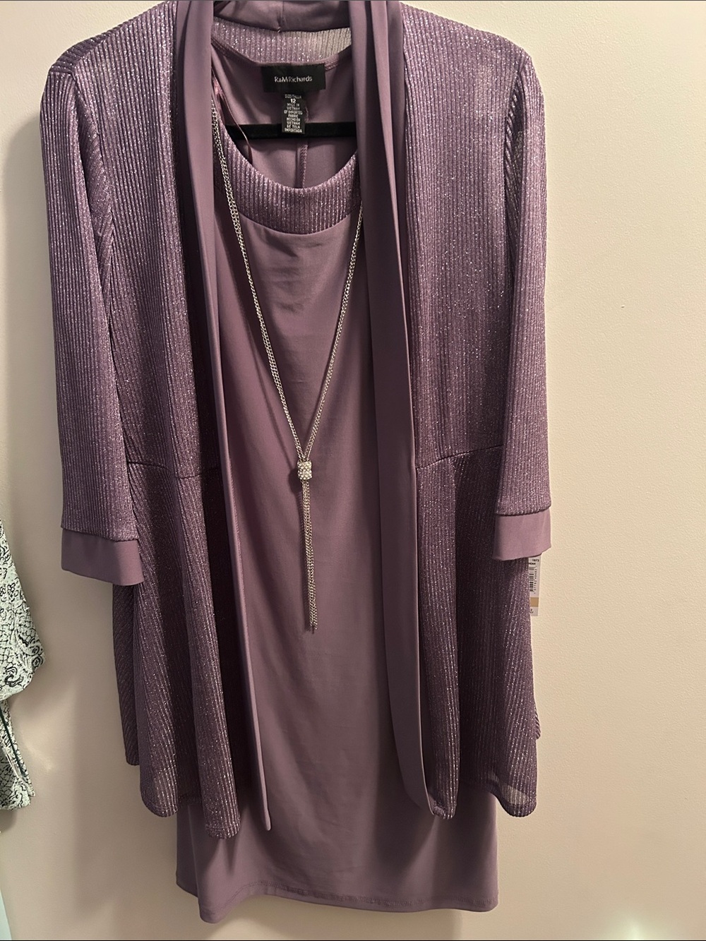 R&M Richards Lavender Mauve Layered Dress & Shimmer Cardigan Set